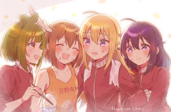  4girls absurdres ahoge antlers bashame_meme blonde_hair blush breasts brown_hair deer deer_antlers deer_girl friends highres horns jacket koshi_anko_(shikanoko) koshi_torako leotard long_hair long_sleeves multiple_girls open_mouth purple_hair red_jacket red_track_suit shikanoko_noko shikanoko_nokonoko_koshitantan short_hair smile sorimachi-doufu track_jacket track_suit violet_eyes zipper 