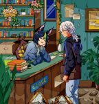  2boys animal_ears black_hair blush book closed_eyes cyno_(genshin_impact) dark-skinned_male dark_skin facing_another flower fox_boy fox_ears genshin_impact green_hair hanging_flower hanging_plant highres library looking_at_another male_focus multicolored_hair multiple_boys open_mouth plant red_eyes secretmirage short_hair smile tighnari_(genshin_impact) white_hair 