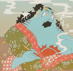  1boy absurdres black_hair blue_background blue_skin chest_tattoo colored_skin commentary curly_hair english_commentary facial_hair fish_boy floral_print_kimono goatee half_updo happensweater highres holding holding_smoking_pipe japanese_clothes jinbe_(one_piece) kimono long_hair looking_to_the_side male_focus one_piece simple_background smoke smoking_pipe solo sun_symbol tattoo thick_eyebrows tusks upper_body 