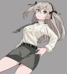  1girl aged_up aoi_kujira breasts brown_eyes expressionless formal girls_und_panzer glasses grey_background grey_hair grey_necktie grey_skirt hands_on_hips highres long_hair long_sleeves necktie pencil_skirt shimada_arisu shirt skirt solo twintails white_shirt 