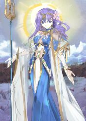  1girl alternate_costume alternate_design blue_dress breasts chinese_commentary clouds cloudy_sky commentary_request day dress earrings fanyuyan fate/grand_order fate_(series) feet_out_of_frame flower hair_flower hair_ornament highres holding holding_polearm holding_weapon jewelry long_dress looking_at_viewer lotus matou_sakura medium_breasts medium_hair no_pupils outdoors parted_lips parvati_(fate) pink_flower polearm purple_hair see-through_clothes sketch sky solo tachi-e takeuchi_takashi_(style) violet_eyes weapon 