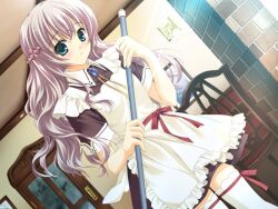  1girl aida_ai alternate_costume apron blush bow broom dress enmaided frills game_cg green_eyes grey_hair hair_ornament holding holding_broom long_hair looking_at_viewer maid misuzu_mei red_bow school_love_3_mira_e_o_allgretto short_dress skirt solo thigh-highs white_apron white_thighhighs 