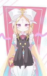  1girl apron blonde_hair blue_dress bow dress facial_mark forehead_mark hair_bow highres large_bow light_blush long_hair looking_at_viewer mahou_shoujo_ni_akogarete morino_korisu nero_alice pink_bow user_snfe7384 venalita very_long_hair violet_eyes white_apron white_bow 