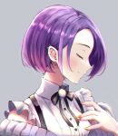  1girl bob_cut closed_eyes closed_mouth commentary_request ear_piercing earrings grey_background hand_on_own_chest highres hololive jewelry nail_polish piercing profile purple_hair short_hair simple_background solo tokoyami_towa upper_body virtual_youtuber zexalmike 