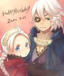  1boy 1girl ahoge bangs blue_capelet blue_hair blue_hood braid capelet eyepatch father_and_daughter fire_emblem fire_emblem_fates hairband hood hood_down hooded_capelet low_twin_braids lowres niles_(fire_emblem) nina_(fire_emblem) parted_bangs red_capelet red_hood tefutene twin_braids 