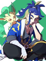  1boy absurdres adaman_(pokemon) arm_wrap aruke_(gter7727) black_pants blue_coat blue_hair bright_pupils brown_eyes chain coat collarbone commentary_request eyebrow_cut grin happy head_rest highres jewelry leafeon looking_at_viewer loose_hair_strand male_focus multicolored_hair neck_ring pants pokemon pokemon_(creature) pokemon_legends:_arceus sitting smile teeth white_pupils 