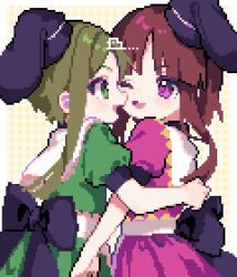  2girls :d ahiru_tokotoko back_bow black_bow black_hat bow brown_hair commentary_request cowboy_shot face-to-face from_behind green_eyes green_hair green_shirt green_skirt hat highres multiple_girls nishida_satono one_eye_closed open_mouth pink_eyes pink_shirt pink_skirt pixel_art puffy_short_sleeves puffy_sleeves shirt short_hair_with_long_locks short_sleeves skirt smile tate_eboshi teireida_mai touhou 