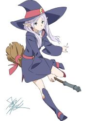  1girl belt boots broom broom_riding collared_shirt cosplay dress elf expressionless frieren green_eyes hat highres hood hood_down little_witch_academia long_hair long_sleeves luna_nova_school_uniform parted_bangs pointy_ears purple_dress purple_footwear red_belt school_uniform shirt signature solo sousou_no_frieren taku1122 thick_eyebrows white_background white_hair white_shirt witch_hat 