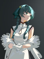  1girl absurdres black_background blunt_bangs braid china_dress chinese_clothes dress gloves green_eyes green_hair highres long_hair looking_to_the_side parted_lips qingyi_(zenless_zone_zero) side_braids sidelocks simple_background sketch sleeveless solo upper_body white_gloves zaicenshi zenless_zone_zero 