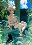  1boy animal bare_arms bare_shoulders black_cat blue_eyes blue_shorts blue_sky cat closed_mouth clouds collarbone day highres holding holding_animal holding_cat hunter_x_hunter killua_zoldyck leaf male_focus nature outdoors plant shenshan_laolin short_hair shorts sitting sky sleeveless smile tank_top white_cat white_hair white_tank_top 