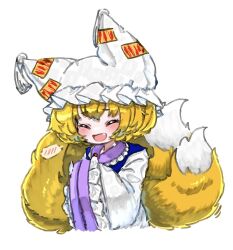  1girl blonde_hair closed_eyes commentary_request fang fox_tail hands_in_opposite_sleeves hat koharu66353343 mob_cap multiple_tails open_mouth short_hair simple_background solo spoken_blush tail touhou upper_body white_background white_hat yakumo_ran 