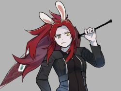  1girl arm_up black_coat black_shirt cigarette closed_mouth coat e.g.o_(project_moon) grey_background grey_eyes heterochromia holding holding_sword holding_weapon kali_(project_moon) lobotomy_corporation long_hair long_sleeves mimicry_(e.g.o) ochao_(icetealive) parted_bangs ponytail project_moon red_eyes shirt sidelocks simple_background solo sword upper_body weapon yellow_eyes 