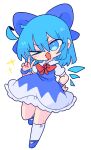  &gt;_o 1girl ahoge arms_behind_back bangs blue_bow blue_dress blue_eyes blue_footwear blue_hair bow bowtie cirno dress fang full_body hair_bow highres ice ice_wings looking_at_viewer one_eye_closed op_na_yarou open_mouth pinafore_dress red_bow red_bowtie shirt short_eyebrows short_hair short_sleeves simple_background solo standing touhou v white_background white_shirt wings 