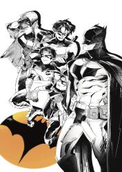  artist_name bat_signal batman batman_(series) batman_symbol belt black_bodysuit black_gloves black_hair black_mask black_pants blue_bodysuit blue_mask bodysuit boots brothers brown_jacket bruce_wayne cape cowl damian_wayne dc_comics dick_grayson domino_mask father_and_son gloves green_gloves grey_bodysuit highres holding insignia jacket jason_todd large_pectorals limited_palette male_focus mask monochrome multicolored_hair multiple_boys muscular muscular_male nightwing open_clothes pants pectorals red_bodysuit red_hood_(dc) red_hood_and_the_outlaws red_mask robin_(dc) short_hair siblings simple_background smile spandex superhero_costume tim_drake tokitokororo two-tone_bodysuit two-tone_hair utility_belt white_background white_hair yellow_cape 