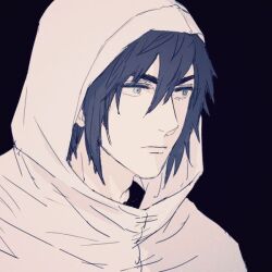  1boy black_background blue_eyes blue_hair cloak closed_mouth commentary_request dark_blue_hair final_fantasy final_fantasy_xv hair_between_eyes hood hood_up hooded_cloak looking_ahead male_focus mi_(scissortropical) noctis_lucis_caelum serious simple_background solo upper_body white_cloak 