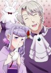 1boy 1girl :d ascot bangs blush braid brooch closed_eyes doctor_traum eating facing_viewer father_and_daughter flower grey_hair hair_flower hair_ornament hand_puppet highres hugtto!_precure japanese_clothes jewelry kimono kisaki_(pixiv3016850) long_hair long_sleeves looking_at_viewer old old_man precure puppet purple_hair purple_kimono rabbit_puppet ruru_amour smile violet_eyes white_ascot wide_sleeves