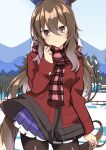  1girl admire_vega_(umamusume) animal_ears bangs black_pantyhose brown_hair clear_sky closed_mouth coat coat_lift commentary cowboy_shot day ear_covers forest fringe_trim highres horse_ears horse_girl horse_tail light_frown long_hair long_sleeves looking_at_viewer miniskirt mountainous_horizon nature outdoors pantyhose pink_scarf plaid plaid_scarf pleated_skirt purple_skirt red_coat scarf school_uniform single_ear_cover skirt sky snow solo standing tail tracen_school_uniform umamusume violet_eyes wahiko_(black_bastard) wind wind_lift winter 