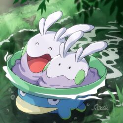  :d ^_^ black_eyes closed_eyes commentary_request day goomy grass light_rays lotad no_humans oooise open_mouth outdoors pokemon pokemon_(creature) signature smile tongue water 