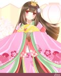 1girl absurdres blush brown_hair closed_mouth english_text floral_background flower folding_fan hair_flower hair_ornament hand_fan head_tilt headpiece highres hinamatsuri holding holding_fan japanese_clothes kimono long_hair long_sleeves looking_at_viewer non_(wednesday-classic) original pink_kimono red_eyes sleeves_past_wrists smile solo very_long_hair white_flower wide_sleeves 