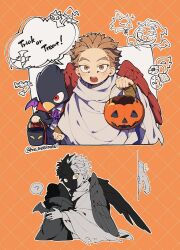  2boys ? aged_down animal_head bat_(animal) beak black_cape black_pants blonde_hair blush boku_no_hero_academia bucket candy cape cat child cloak collared_shirt dark_shadow demon_wings facial_mark fake_wings food forked_eyebrows grid_background halloween halloween_bucket halloween_costume hand_up hat hawks_(boku_no_hero_academia) heavy_breathing highres holding holding_bucket holding_hands male_focus mo_masimasi multiple_boys multiple_views open_mouth orange_background pants partially_shaded_face purple_ribbon red_eyes red_wings ribbon shirt short_hair speech_bubble spoken_question_mark sweat teeth tokoyami_fumikage torn_cloak torn_clothes trick_or_treat twitter_username white_cloak wings witch_hat yellow_eyes 