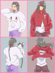  2boys alternate_costume animal black_hair blush_stickers cait_sith_(final_fantasy) cat character_print closed_eyes commentary_request crown facial_hair final_fantasy final_fantasy_vii headband highres holding holding_animal holding_cat long_hair male_focus mini_crown moogle multiple_boys multiple_views niwawaka pants plaid_clothes plaid_pants purple_pants red_eyes red_headband reeve_tuesti shirt short_hair tuxedo_cat two-tone_fur vincent_valentine 