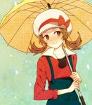  1girl blue_overalls bow brown_eyes brown_hair cabbie_hat closed_mouth collarbone hat holding holding_umbrella looking_at_viewer low_twintails lyra_(pokemon) overalls pokemon pokemon_(game) pokemon_hgss red_bow red_shirt shirt smile twintails umbrella yellow_umbrella yukiguni_(moaism) 