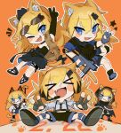  &gt;_&lt; 5girls :3 :d animal_ears black_dress blonde_hair blue_eyes blush_stickers cat_day cat_ears cat_tail chesed_(uporyz) chibi clone closed_eyes dress english_commentary eyewear_on_head fang fingerless_gloves girls_frontline gloves gun highres holding holding_gun holding_weapon idw_(cat_in_the_box)_(girls&#039;_frontline) idw_(cloak_and_cat_ears)_(girls&#039;_frontline) idw_(girls&#039;_frontline) idw_(roly-poly_ninja_cat)_(girls&#039;_frontline) mod3_(girls&#039;_frontline) multiple_girls official_alternate_costume one_eye_closed open_mouth parker-hale_idw shorts smile sunglasses tail v weapon 