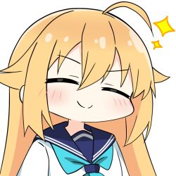  1girl ahoge blonde_hair blush chibi closed_eyes commentary_request hair_flaps koshi_torako kotatsu-mazoku long_hair neckerchief school_uniform serafuku shikanoko_nokonoko_koshitantan smile solo sparkle 