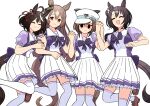  4girls ^_^ absurdres ahoge animal_ears black_hair bocchi_the_rock! bow bowtie braid breasts brown_eyes brown_footwear brown_hair cheval_grand_(umamusume) closed_eyes ear_ornament empty_eyes facing_viewer feet_out_of_frame french_braid frilled_skirt frills gloom_(expression) hair_ornament hair_ribbon hairband half_updo hat highres horse_ears horse_girl horse_tail horseshoe_ornament kitasan_black_(umamusume) large_breasts leg_up loafers long_hair looking_at_viewer multicolored_hair multiple_girls open_mouth parody peaked_cap petoka pleated_skirt puffy_short_sleeves puffy_sleeves purple_bow purple_bowtie purple_shirt red_ribbon ribbon sailor_collar sailor_shirt satono_crown_(umamusume) satono_diamond_(umamusume) school_uniform serafuku shirt shoes short_hair short_sleeves simple_background skirt smile streaked_hair summer_uniform tail thigh-highs tracen_school_uniform umamusume white_background white_hair white_hairband white_headwear white_skirt white_thighhighs 