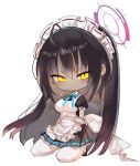  1girl apron black_hair blue_archive blue_bow blue_bowtie blush bow bowtie chibi closed_mouth commentary_request dark-skinned_female dark_skin frilled_apron frills gloves halo karin_(blue_archive) kneeling kotatu_(akaki01aoki00) long_hair looking_at_viewer maid_headdress pantyhose partial_commentary puffy_short_sleeves puffy_sleeves short_sleeves simple_background solo white_apron white_background white_gloves white_pantyhose yellow_eyes 