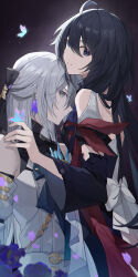  2girls ahoge armband bandana_around_arm black_dress black_eyes black_hair breasts bronya_rand bug butterfly closed_mouth dark_background detached_sleeves dress earrings face-to-face falling_petals grey_eyes grey_hair half_updo highres honkai:_star_rail honkai_(series) jewelry long_hair looking_at_viewer medium_breasts multiple_girls parted_lips petals red_armband seele_(honkai:_star_rail) shiyoi sidelocks sleeveless sleeveless_dress upper_body white_dress white_sleeves 