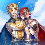  2boys alear_(fire_emblem) alear_(male)_(fire_emblem) alfred_(fire_emblem) blonde_hair blue_cape blue_eyes blue_hair blue_sky brooch cape clouds commentary day fire_emblem fire_emblem_engage flower grin gzei head_wreath highres jewelry long_sleeves multicolored_hair multiple_boys one_eye_closed redhead shirt short_hair sky smile two-tone_hair upper_body white_flower white_shirt yellow_eyes 