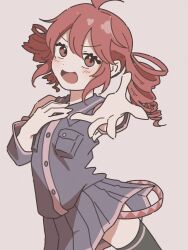  1girl ahoge belt black_skirt black_thighhighs blush buttons collared_shirt cowboy_shot double-parted_bangs drill_hair hair_between_eyes hand_on_own_chest highres kasane_teto long_sleeves looking_at_viewer ontama_carbonara open_mouth outstretched_arm pink_background pleated_skirt pocket red_eyes red_trim redhead shirt simple_background skirt solo thigh-highs tongue twin_drills utau wing_collar 