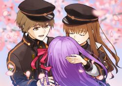  1boy 2girls bb_(fate) black_hat black_jacket brown_eyes brown_hair cherry_blossoms closed_eyes commentary_request fate/extra fate/extra_ccc fate/grand_order fate_(series) floating_hair flower from_behind hair_ribbon hat jacket kishinami_hakuno_(female) kishinami_hakuno_(female)_(mooncancer) kishinami_hakuno_(male) kishinami_hakuno_(male)_(mooncancer) long_hair long_sleeves looking_at_another military_hat multiple_girls petals pink_flower purple_hair red_ribbon ribbon ryokuma_2 short_hair smile 