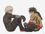  2boys bakugou_katsuki belt blonde_hair blush boku_no_hero_academia cape closed_eyes freckles full_body gaagyeo gloves green_gloves green_hair highres indian_style knees_up looking_at_another male_focus midoriya_izuku multiple_boys open_mouth red_eyes short_hair simple_background sitting smile spiky_hair white_background yellow_cape 