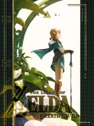  1boy artist_name black_cape blonde_hair blue_shirt boots brown_footwear brown_jacket cape chagok_yun champion&#039;s_tunic_(zelda) copyright_name ear_piercing floating_cape flower from_side highres jacket link looking_to_the_side male_focus master_sword piercing planted planted_sword sheikah_slate shirt short_ponytail solo standing sword the_legend_of_zelda the_legend_of_zelda:_breath_of_the_wild triforce weapon 