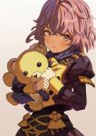  1girl bangs bernadetta_von_varley blush buttons closed_eyes closed_mouth commentary fire_emblem fire_emblem:_three_houses garreg_mach_monastery_uniform gbbgb321 grey_eyes highres holding holding_stuffed_toy juliet_sleeves long_sleeves puffy_sleeves purple_hair short_hair simple_background solo stuffed_animal stuffed_toy teddy_bear uniform white_background 