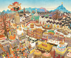  1boy ^_^ beard bird blue_sky boat bonsai bridge bus cargo chinese_clothes chinese_commentary closed_eyes commentary_request crosswalk facial_hair flower giant goose gradient_sky hagoromo hanfu happy hat highres lantern lianghai_qiang motor_vehicle mountainous_horizon open_mouth original paper_lantern people red_flower red_hanfu red_hat restaurant river road scenery shawl shop sky smile street teeth town upper_body upper_teeth_only watercraft yellow_sky 