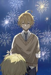  1boy 1girl absurdres aether_(genshin_impact) black_pants blonde_hair brown_sweater closed_mouth fireworks genshin_impact hair_between_eyes highres hitoyuki_00 long_hair long_sleeves lumine_(genshin_impact) medium_hair necktie pants rain shirt smile sweater white_shirt yellow_eyes 