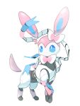  alternate_form animal_focus blue_eyes bow bowtie commentary_request full_body hair_bow joints looking_to_the_side no_humans no_mouth non-humanoid_robot partial_commentary pink_bow pink_bowtie pixel_eyes pokemon pokemon_(creature) ribbon robot robot_animal robot_joints simple_background solo standing sylveon white_background white_ribbon yuui_art 