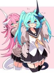  2girls black_serafuku black_skirt black_thighhighs border bow brown_jacket hair_bow honkai_(series) honkai_impact_3rd horns jacket liliya_olenyeva long_hair long_sleeves multiple_girls naoya_come neckerchief open_mouth pink_background pink_bow pink_hair pink_neckerchief pleated_skirt rozaliya_olenyeva school_uniform serafuku shirt siblings single_horn skirt thigh-highs twins twintails very_long_hair white_border white_shirt white_thighhighs yellow_neckerchief 