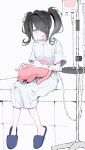  1girl alternate_costume ame-chan_(needy_girl_overdose) animal_on_lap bandaged_arm bandages black_hair blood blood_bag blue_footwear blush cat full_body grey_eyes hair_over_one_eye highres hospital_gown intravenous_drip iv_stand needy_girl_overdose on_lap open_mouth short_sleeves sitting slippers solo twintails white_background yuyuyuyhz 