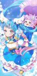  2girls above_clouds absurdres ahoge aqua_eyes armband baby blue_dress blue_eyes blue_hair blue_skirt blurry blurry_foreground blush bow brooch cape clouds cloudy_sky commentary cure_sky cut_bangs depth_of_field detached_sleeves dress earrings ellee-chan fingerless_gloves flying frilled_dress frills gloves grin highres hirogaru_sky!_precure holding holding_wand jewelry leg_up magical_girl multiple_girls pink_bow precure puffy_detached_sleeves puffy_sleeves purple_hair short_bangs short_dress shuu_(mniarnoakou) single_earring single_sidelock skirt sky sky_mirage sleeveless sleeveless_dress smile sora_harewataru thigh-highs twintails twitter_username two-sided_cape two-sided_fabric two_side_up wand white_gloves white_thighhighs wing_brooch wing_hair_ornament 