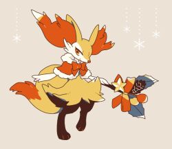  animal_ear_fluff bow braixen capelet full_body fur-trimmed_capelet fur_trim furry grey_background holding holding_staff leaf looking_at_viewer no_humans pinecone pokemon pokemon_(creature) satsumapotato simple_background smile snowflakes solo staff 