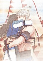  1boy 1girl armband bird brown_hair clouds couple goose grey_hair hetero highres hug long_sleeves love_and_deepspace mongolian_clothes outdoors protagonist_(love_and_deepspace) red_eyes short_hair ssssingsing sylus_(love_and_deepspace) upper_body 