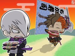  2boys :d ^_^ armor brown_hair character_cutout chibi chibi_only chousokabe_motochika_(sengoku_basara) closed_eyes food green_eyes grey_hair hair_between_eyes holding ishida_mitsunari_(sengoku_basara) japanese_armor jinbaori looking_at_another looking_back male_focus manojimerser multicolored_hair multiple_boys official_art_inset official_style orange_sky redhead sengoku_basara shima_sakon_(sengoku_basara) short_hair sky smile sushi sweatdrop two-tone_hair v-shaped_eyebrows walking 