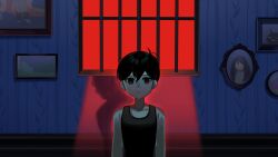  1boy antenna_hair arms_at_sides bare_arms bare_shoulders black_eyes black_hair black_tank_top closed_mouth collarbone colored_skin double-parted_bangs empty_eyes family_portrait hair_behind_ear hair_between_eyes highres indoors keiseki1 looking_at_viewer mari_(faraway)_(omori) mari_(omori) mewo omori omori_(omori) painting_(object) portrait_(object) red_eyes shadow short_hair solo spoilers straight-on tank_top two-tone_eyes upper_body white_skin window 