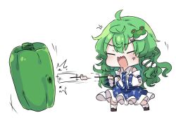  1girl anger_vein angry bare_shoulders bell_pepper blue_skirt closed_eyes collared_shirt detached_sleeves frog_hair_ornament gohei green_hair hair_ornament highres hitting holding holding_gohei kochiya_sanae long_hair mizuni_takenoko open_mouth plant shirt shoes skirt snake_hair_ornament socks touhou 