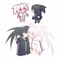  2girls black_hair black_rock_shooter black_rock_shooter_(character) black_rock_shooter_(game) blue_eyes boots chibi closed_eyes coat highres hood hoodie long_hair mehyuew39 multiple_girls pink_eyes shorts star_(symbol) twintails uneven_twintails white_background white_hair white_hoodie white_rock_shooter white_shorts 