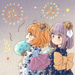  2girls :d ahoge back_bow blue_kimono blush bob_cut bow closed_mouth commentary_request fireworks floral_print flower grey_eyes hair_flower hair_ornament hand_fan hieda_no_akyuu holding holding_fan japanese_clothes kimono long_sleeves motoori_kosuzu multiple_girls muzukite open_mouth orange_hair purple_bow purple_hair smile touhou two_side_up upper_body white_kimono wide_sleeves yellow_bow 